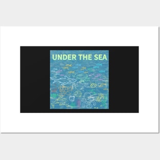 under the sea,blue sea,sea creatures,Turtle, puffer fish, starfish, shrimp, shark, tropical fish, sea horse, seaweed, sardines, squid, crabs, clams Posters and Art